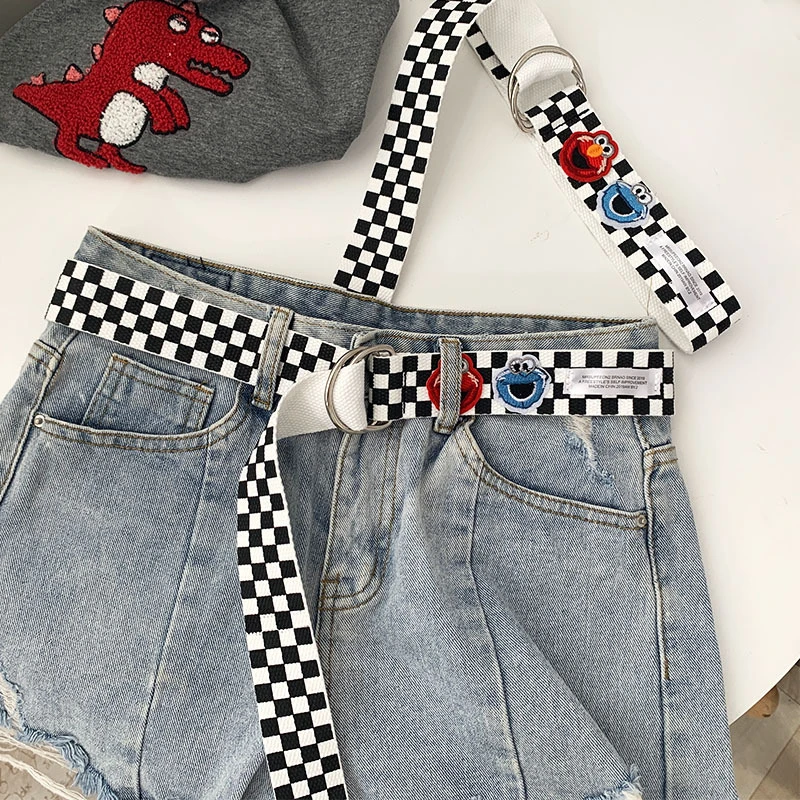 Женский ремень в шахматную клетку Холщовый пояс широкий повседневный