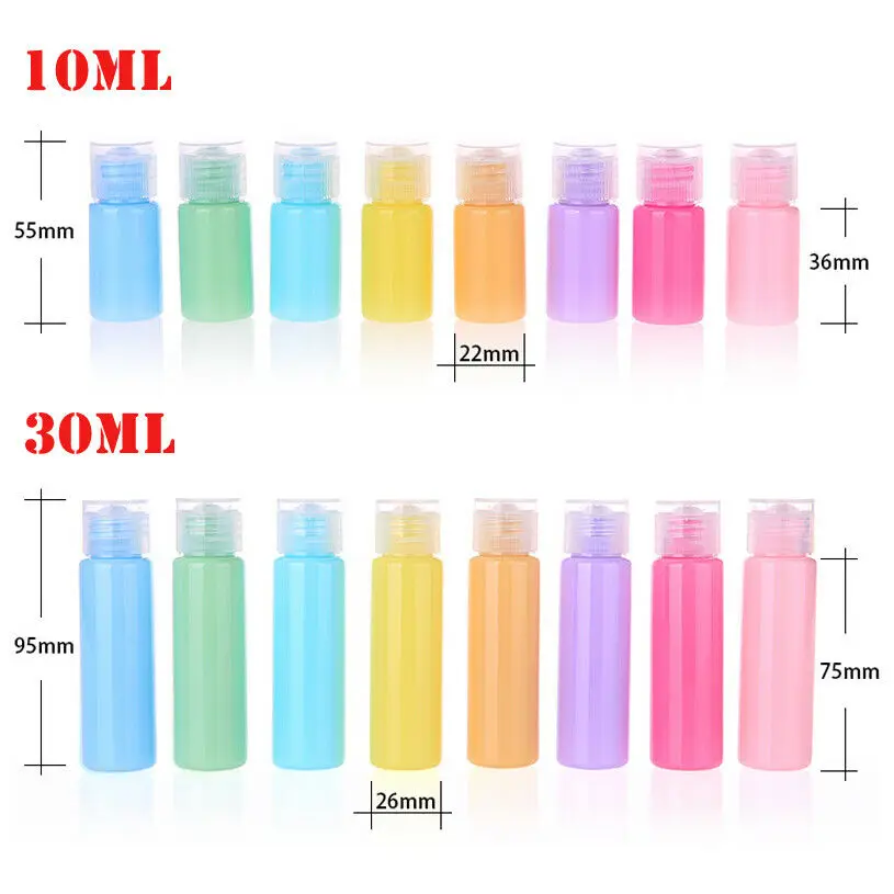

20pcs 10ml 30ml Plastic PP Candy colors Flip Lid Lotion Bottles Squeezable Cosmetic Sample Container Travel Liquid Fill Vials