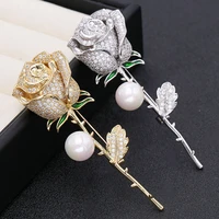 gold plated romantic rose flower corsage wedding bridal suit brooches pins sweet pearl flowers brooch jewelry with cz stone