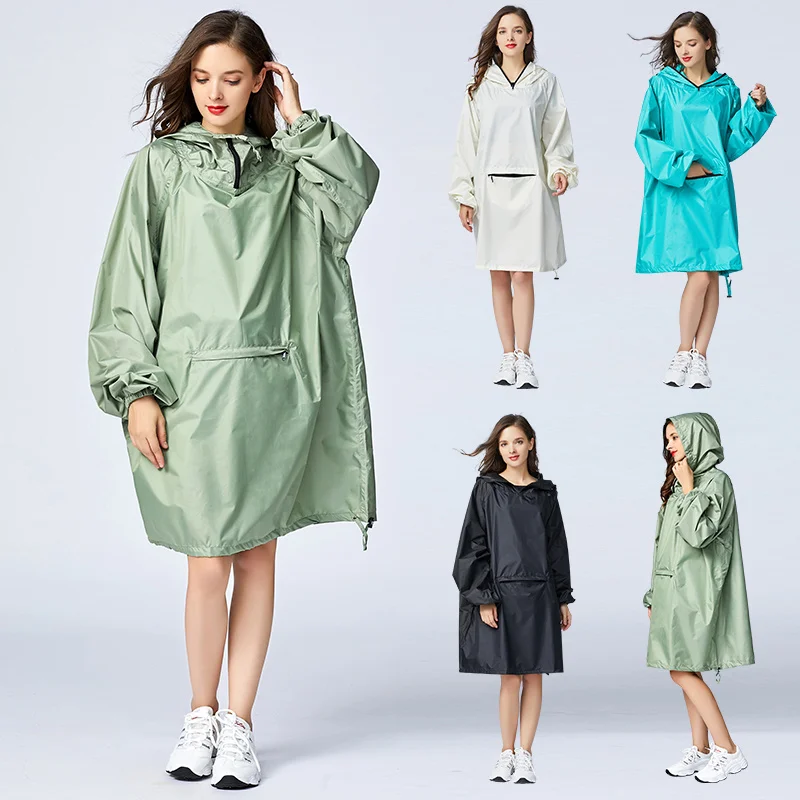 

Fashion Rain Coat Women Long Waterproof Rain Poncho Cloak Raincoat Women Glitter With Hood Sleeves And Big Pocket On Front