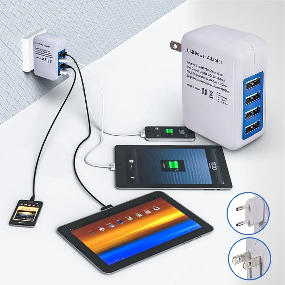 Зарядное устройство для мобильного телефона настенный USB адаптер для Штепсель вилки стандарта ЕС 4 порта 5V3A Быстрая зарядка универсальный для IPhone Xiaomi Tablet huawei