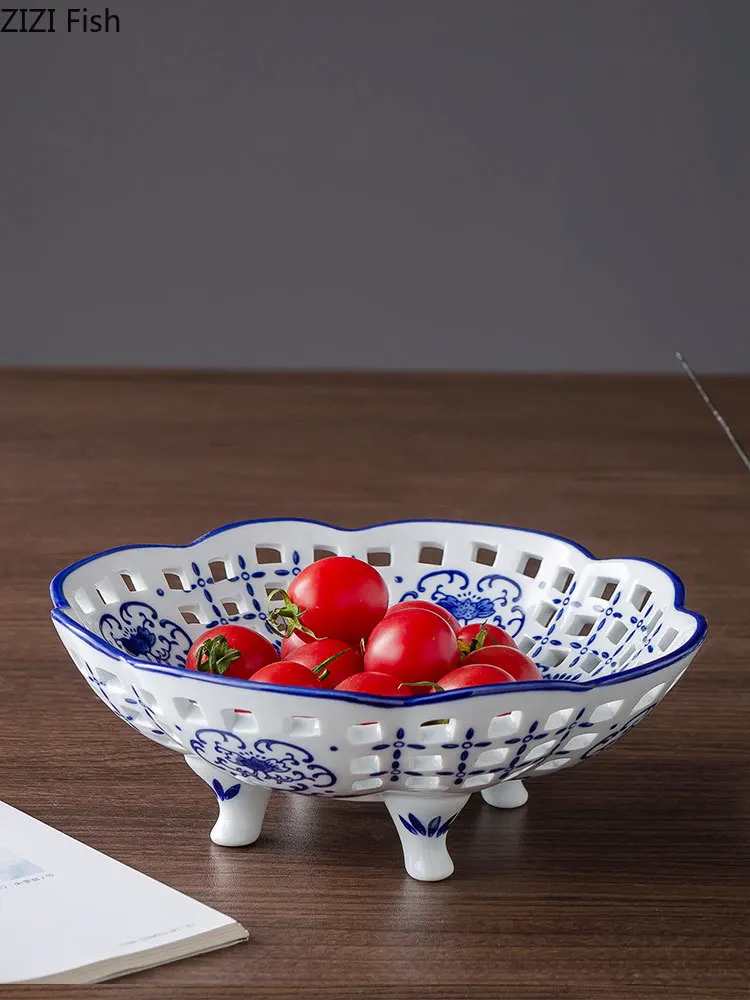 Home Ceramic Bowl Blue and White Porcelain Openwork Plate Tea Table Vegetable Fruit Basket Kitchen Storage Supplies | Дом и сад