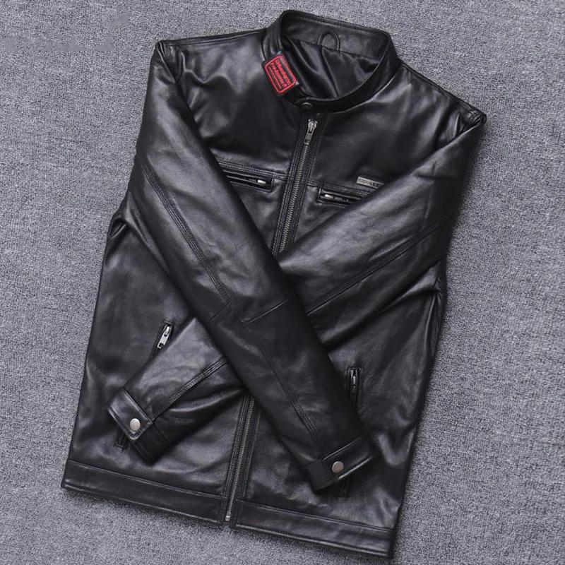 Мужская кожаная куртка Черная байкерская из натуральной овчины в европейском и