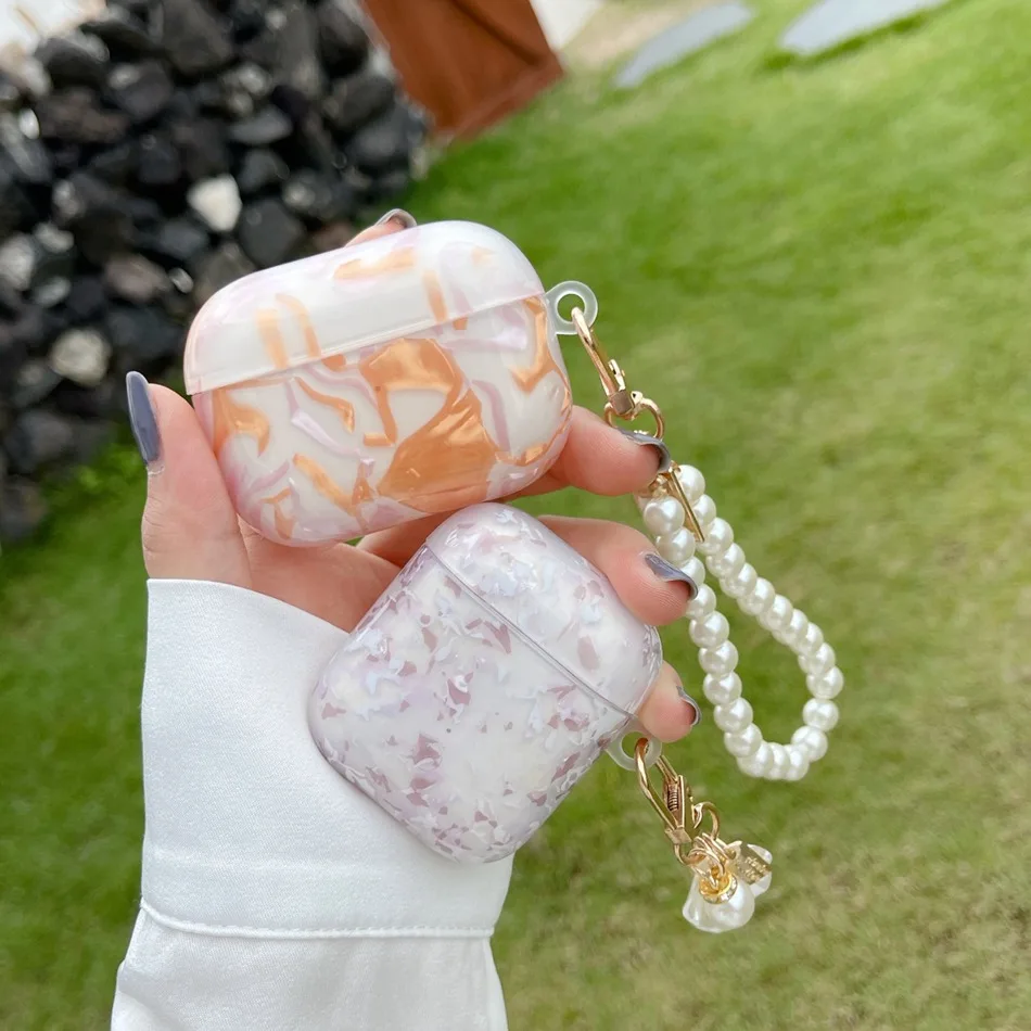 

Earphone Case For AirPods Luxury Gradient Shell Earphones Cover For AirPods 2 3 AirPods Pro Protect Cases with Pearl Lanyard