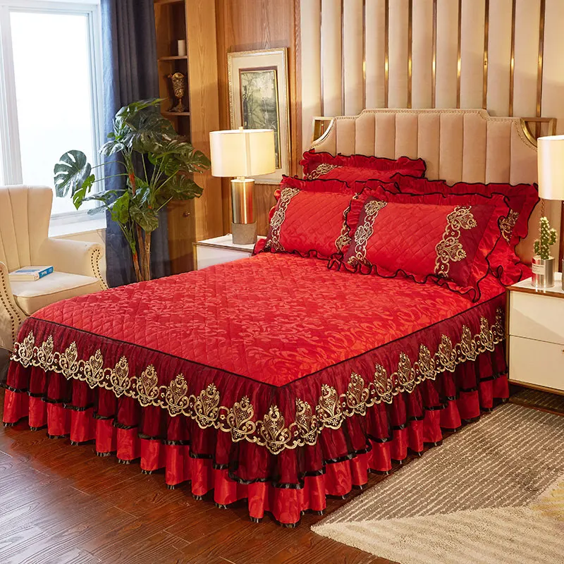 Lace Velvet Bed Skirt Queen Full King Cover with Surface Quilted Bedspread Elastic Band Soft Warm European 3-Piece | Дом и сад