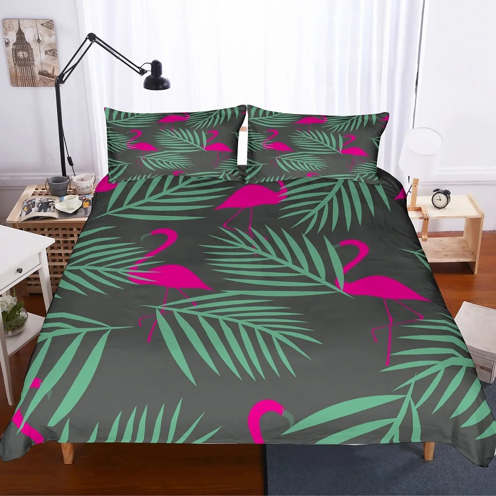 Розовое покрывало Фламинго в скандинавском стиле с принтом зеленых листьев