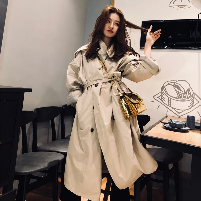 Новинка осени 2018 Женский Тренч цвета хаки Длинная ветровка модный тренд в