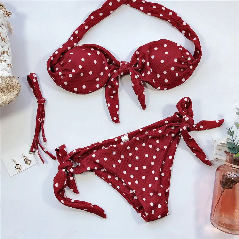 

Knot Bikini Set Bandeau Top Bathing Suit Woman Swimsuit Female Polka Dot Swimwear Women 2021 Fashion Summer Bathers New Biquini