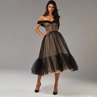 2021 black cocktail dresses off the shoulder tea length velvet tulle prom gowns party wear customize robe de soir%c3%a9e de mariage