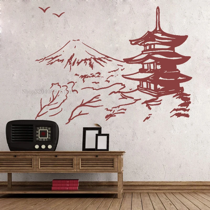 Japanese Building Pagoda Japan Landscape Wall Sticker Vinyl Home Decor Living Room Art Oriental Decal Removable Mural CN346 | Дом и сад
