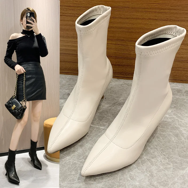 

Women's Mid Calf Boots Shoes Boots-Women Rock Black Ladies Pointy Med High Heel 2022 Rubber Autumn Mid-Calf Mid-Calf Slip-On P