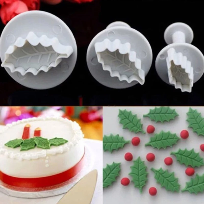 

3Pcs/Set 3D Christmas Holly Leaf Leaves Cookie Plunger Cutter Fondant Sugarcraft Mold Cake Decoration Mould Baking Tools Kitchen
