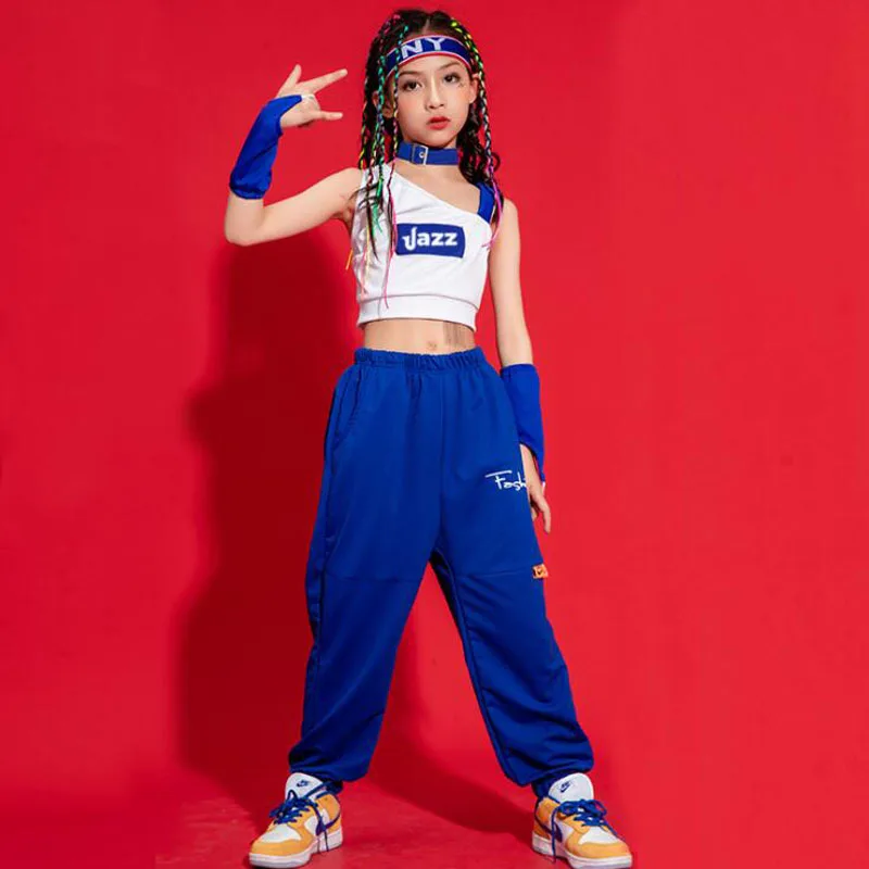 

Kids Performance Hip Hop Clothing White Tank Top Crop Streetwear Blue Jogger Pants For Girls Jazz Dance Costume Set Clothes