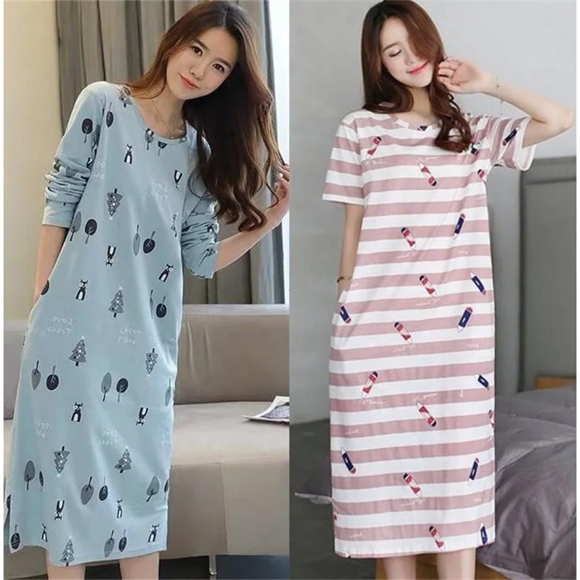 2019 Плюс Размер Хлопковая ночная рубашка женская с принтом весна осень ночные