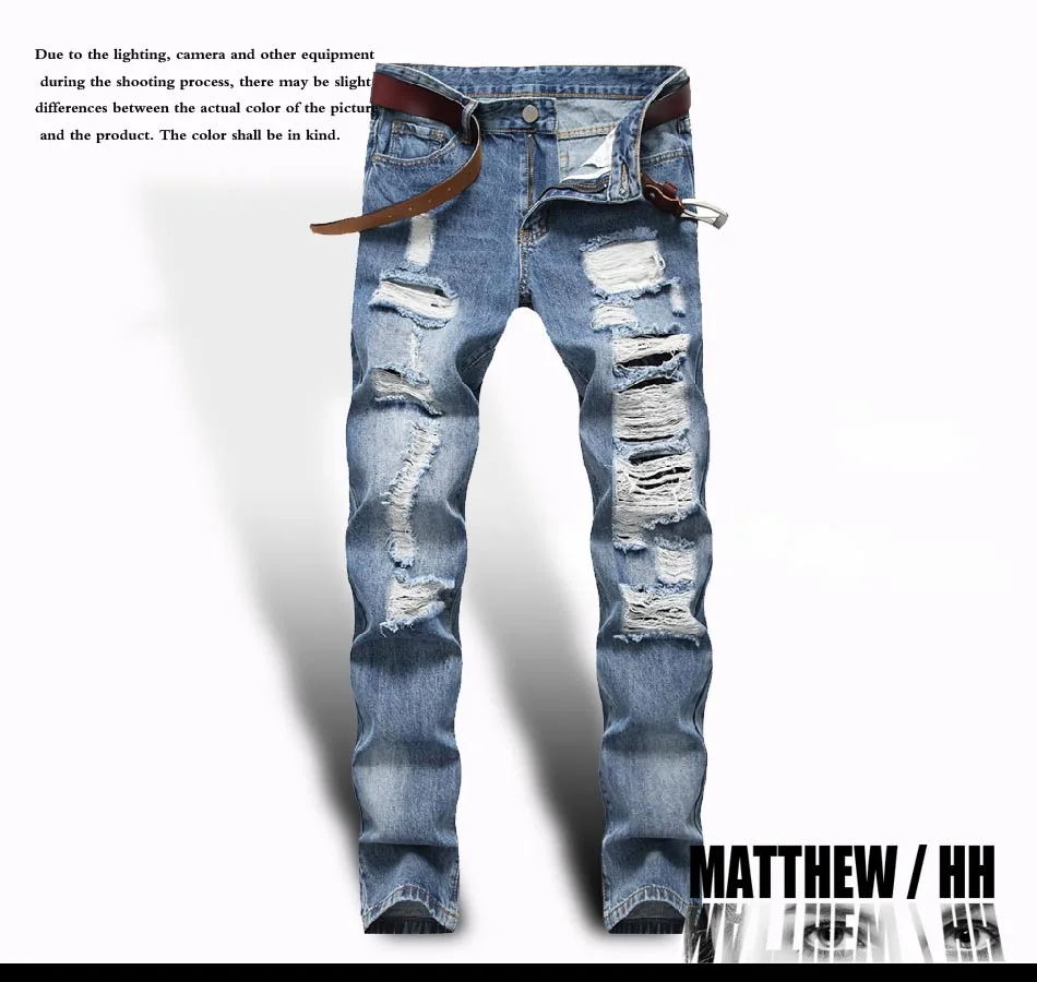 

Men's jeans men's straight tube perforated zipper pants men's casual fashion pants B005