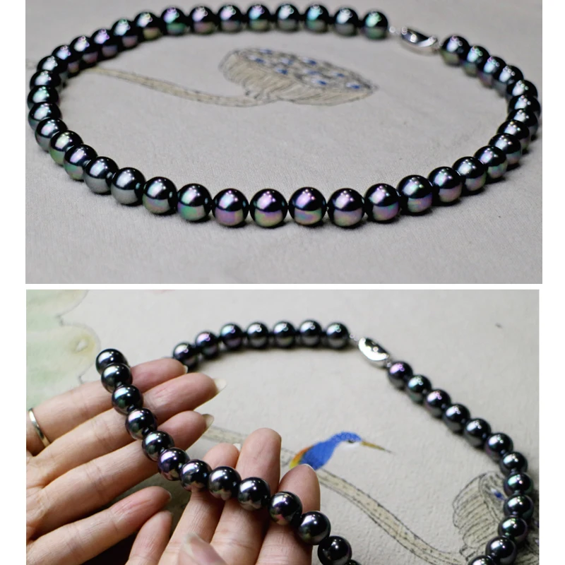 ?? デザイナージュエリーゴージャスな 9-10 ミリメートルナチュラル Real タヒチ緑の真珠のネックレス 17 インチ送料無料