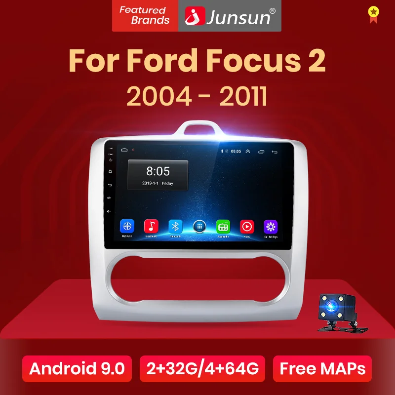 Junsun V1 Android 9 0 2G + 32G Автомобильный мультимедийный видео плеер для Ford Focus 2 Mk2 2004 2011