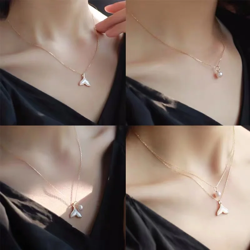 

18K Solid Yellow Gold (AU750)Fritillary Small Fresh Necklace Mermaid Princess Earrings Ear Hook Jewelry Girl Seawater Pearl