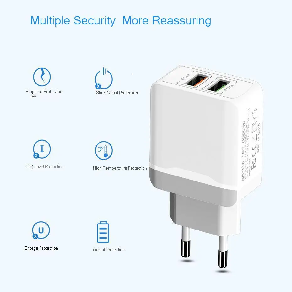 18 Вт двойное USB зарядное устройство для iPhone X 8 7 6 plus 5V2. 1A QC 3,0 USB настенное зарядное устройство для samsung huawei Xiaomi дорожное USB быстрое зарядное устройство