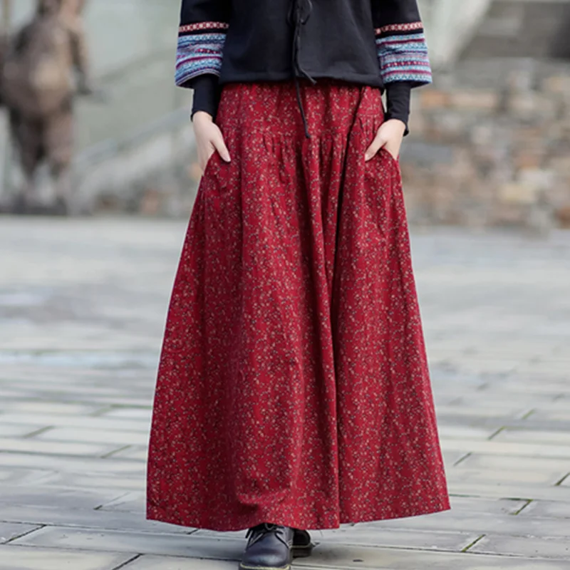 Осенне-зимняя Свободная юбка из хлопка и конопли с рисунком разбитых цветов