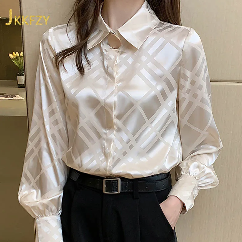 

Spring 2021 Korean Loose Chiffon Shirts Lattice Women's Long Sleeves Silky Satin Sag Blouse Ladies Tops Luxury Clothes