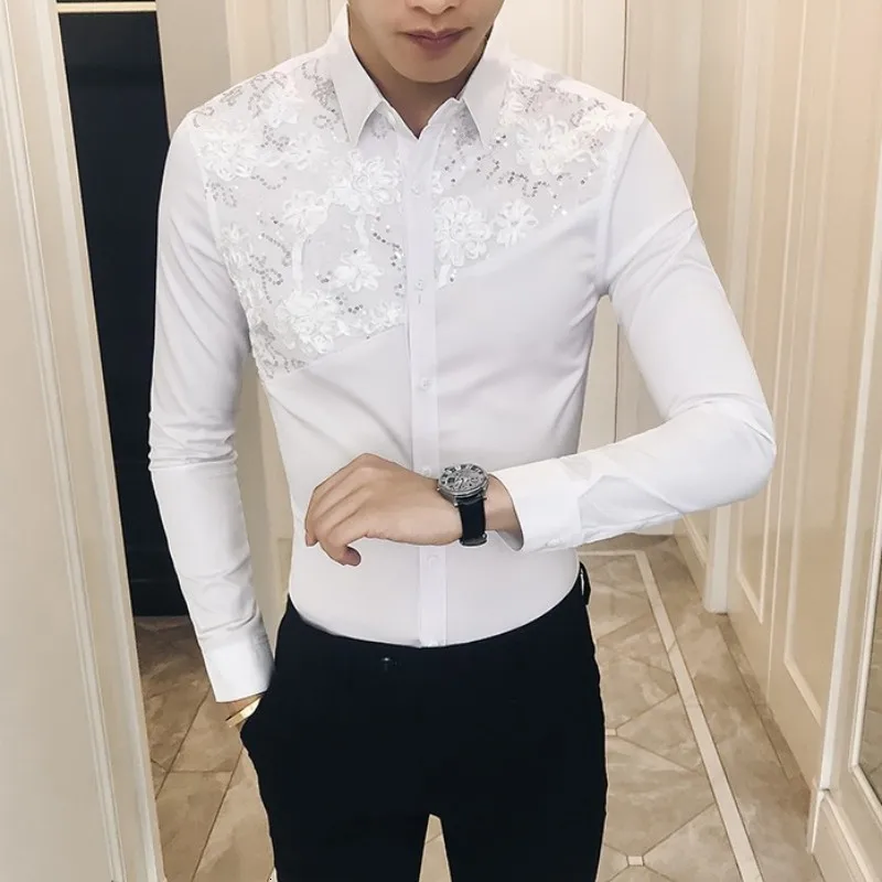 Мужская рубашка смокинг с оборками Готическая Однотонная длинным рукавом 11