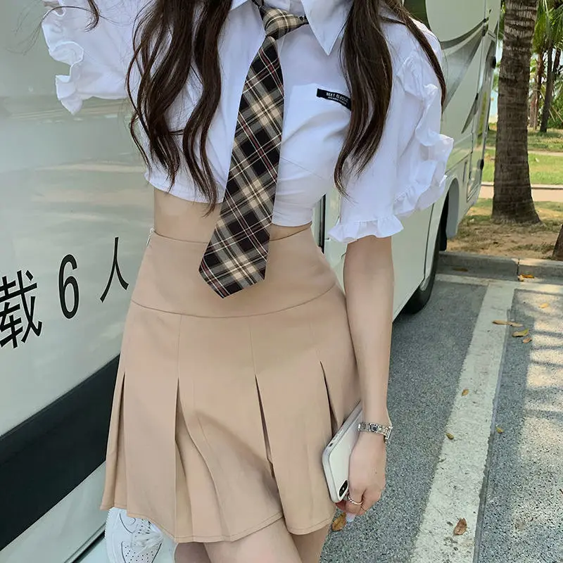 

Short-sleeved shirt set Summer new high waist slim pleated skirt Harajuku Y2K skirt 2021 college style Half-length skirt women