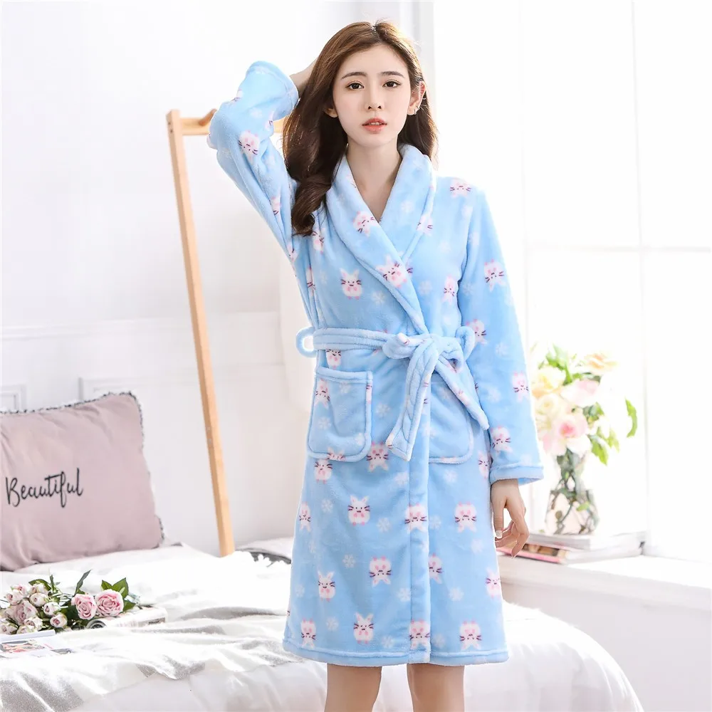 Women Winter Warm Nightdress Soft Flannel Kimono Bathrobe Gown Print Sleepwear Intimate Lingerie Coral Fleece Home Clothes
