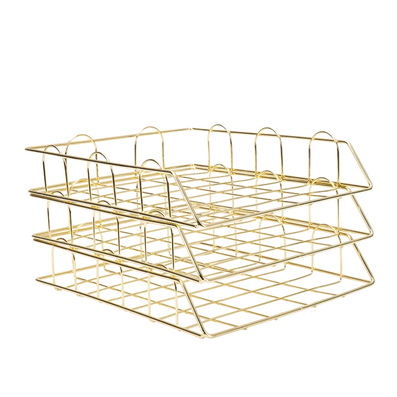 3 tray Yellow Gold Модный креативный Золотой металлический поднос для файлов, органайзер для журналов, настольный набор ручной работы, многослойный органайзер для файлов - Цвет: 3 tray Yellow Gold