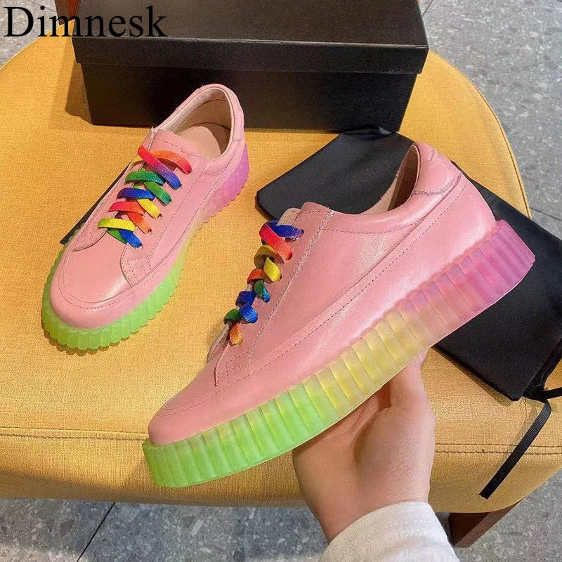 

Flat Thick Sole Colorful Casual Shoes Women Real Leather Lace Up Platform Shoes Female Spring Mixed Color Sneakers For Girls