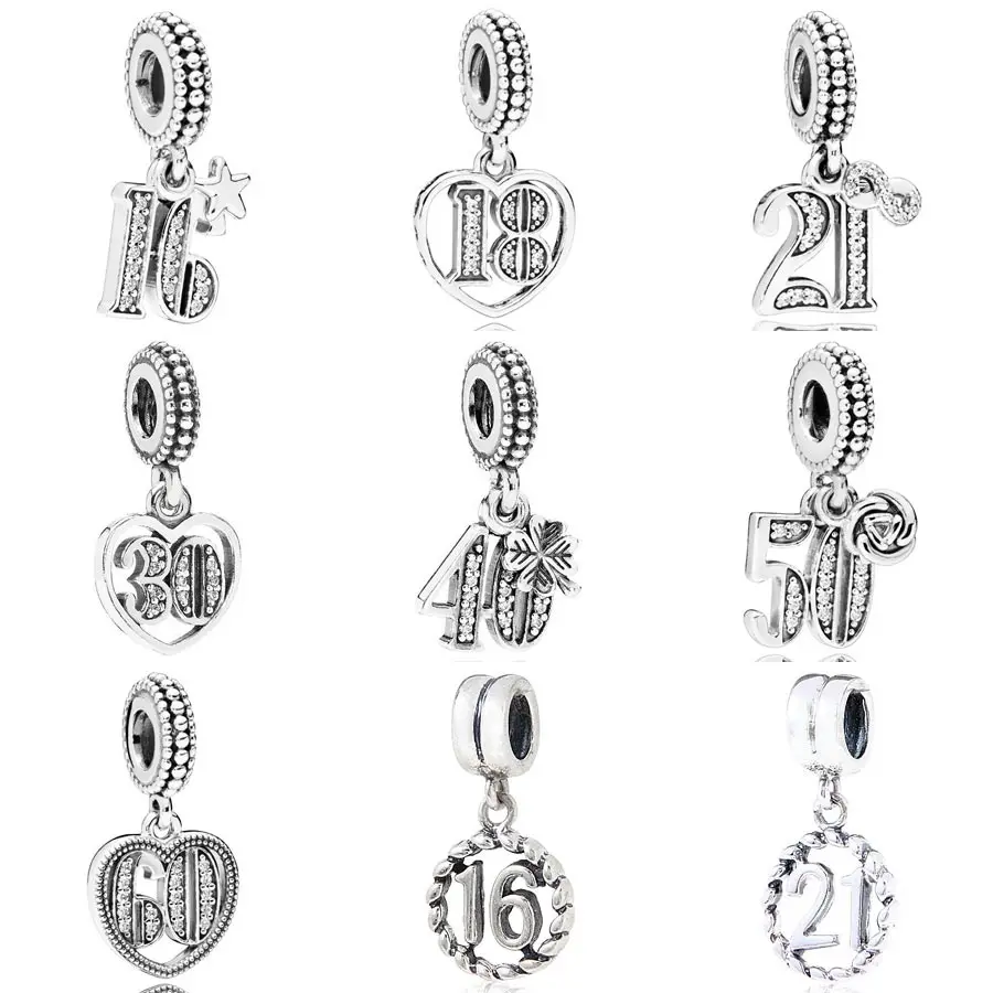 

Alphabet & Numbers 16 18 21 30 40 50 60 Years Of Love Pendant Charm Fit Europe Bracelet 925 Sterling Silver Beads DIY Jewelry