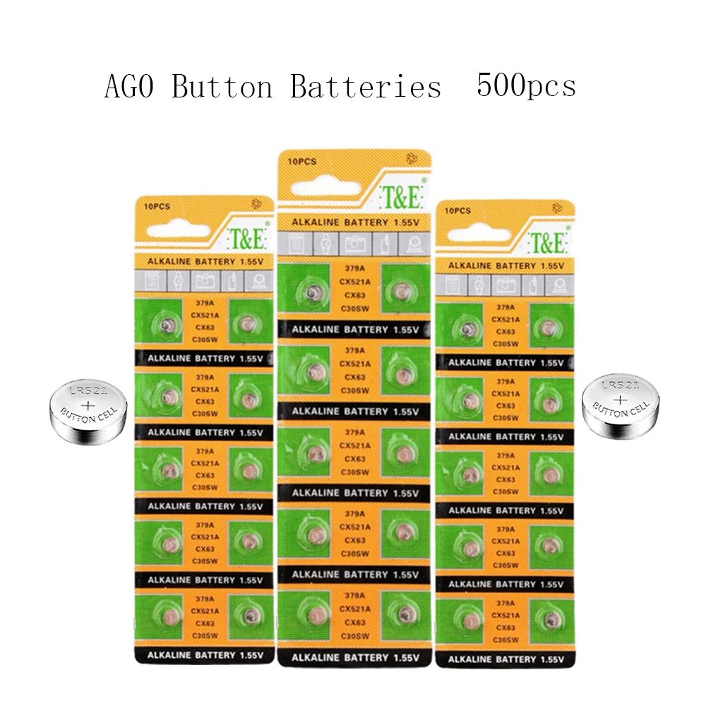 

AG0 1.55V 500pcs AG0 10mAh Button Batteries SR521 LR63 379A Cell Coin Alkaline Battery 1.55V 379 SR63 For Watch Toys Remote