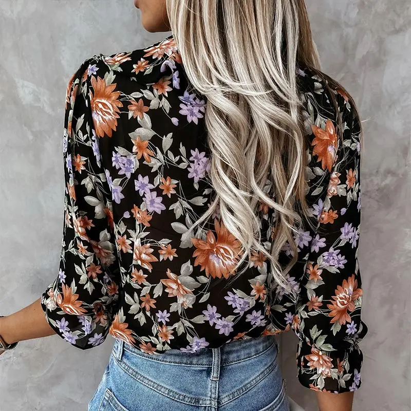 

2021 Summer Chiffon Printed Women's Blouse Ruffles Long Sleeve Lace Up Female Blouses New Casual Fashion Streetwear Lady Top
