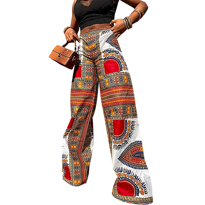 

2021 Fashion Ladies Summer Casual Retro Printing Bohemian Elastic Waist Beach Vacation Wide Leg Pants Large Size