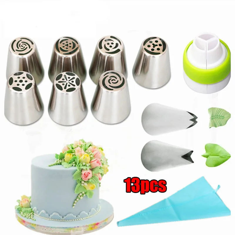 A-13pcs mould set 13 шт./компл. Нержавеющая сталь русский тюльпан глазури трубопроводов сопла цветочный крем Кондитерские насадки силиконовый мешок Кухня аксессуары - Цвет: A-13pcs mould set