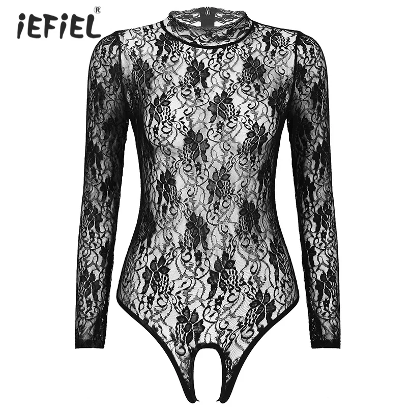 Боди женское кружевное с вырезом пикантный прозрачный купальник длинным рукавом