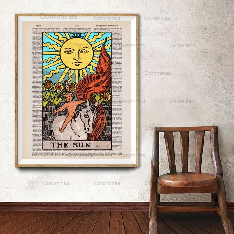 

Canvas Painting The Sun Tarot Vintage Illustration Posters and Prints Major Arcana Tarot Card Wall Art Decoration Fortune Gift