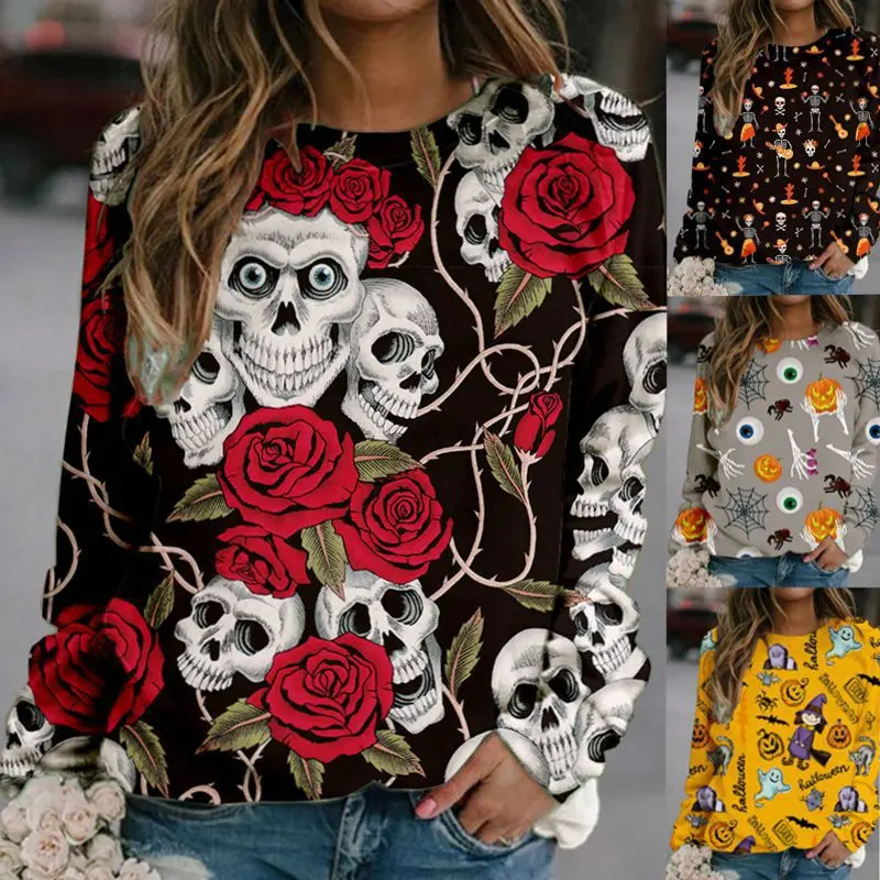 

Женский свитер с круглым вырезом, повседневный Свободный пуловер с 3d-черепом, весна-осень 2021, модная Толстовка