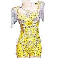 sleeveless halter yellow women bodysuits sparkling diamonds silver tassel epaulet ball gown three pieces set bar stage costumes