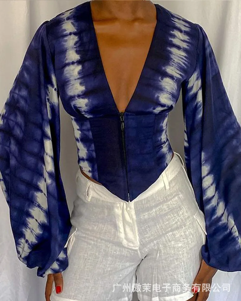 

2021 autumn new women's long sleeve halo dyed V-neck top