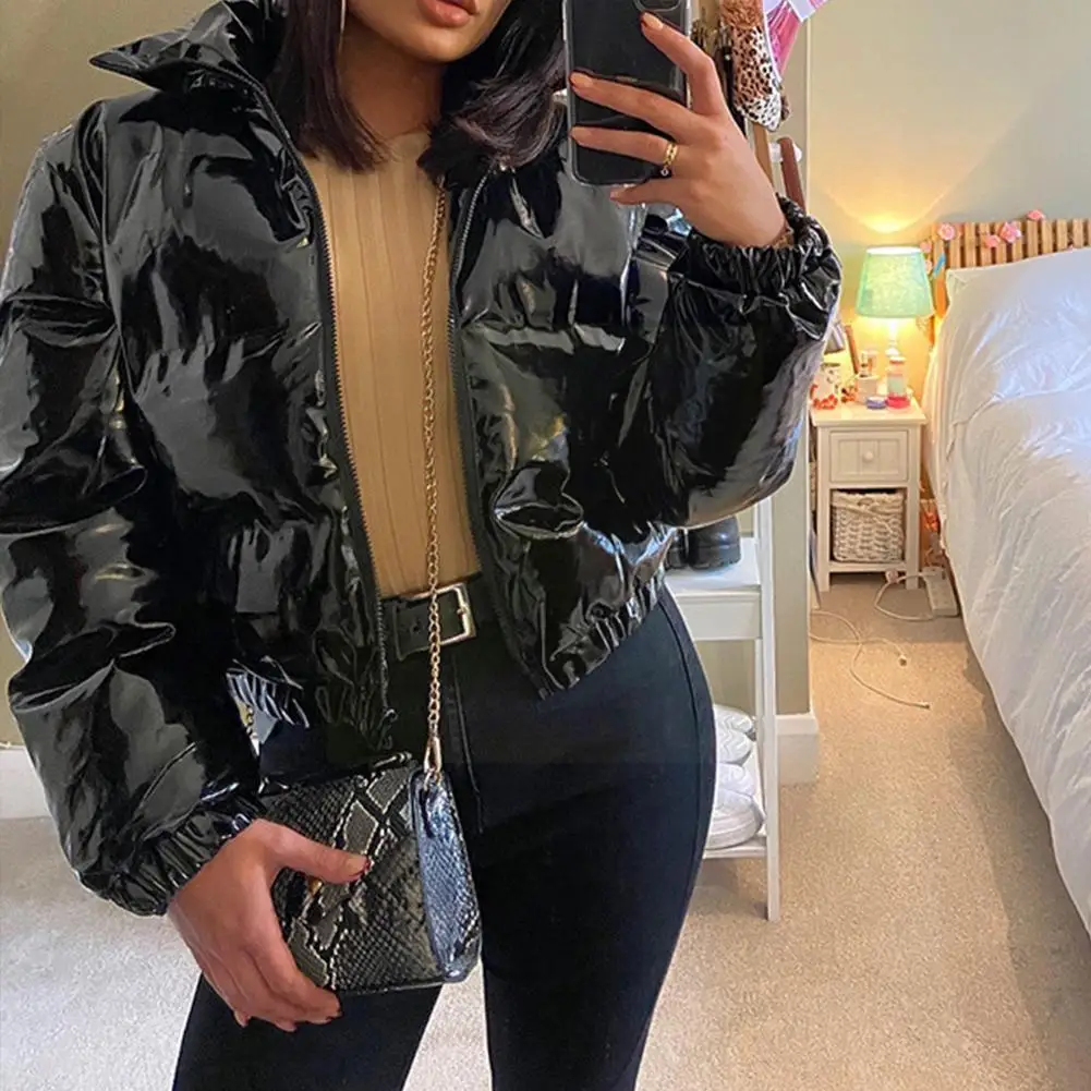 

Женские толстые пальто из искусственной лакированной кожи, повседневные теплые парки на молнии, верхняя одежда с длинным рукавом, E0d3, новин...