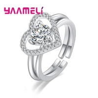 adjustable heart shaped 925 sterling silver cubic zirconia crystal love couple ring men women romantic wedding jewelry ring
