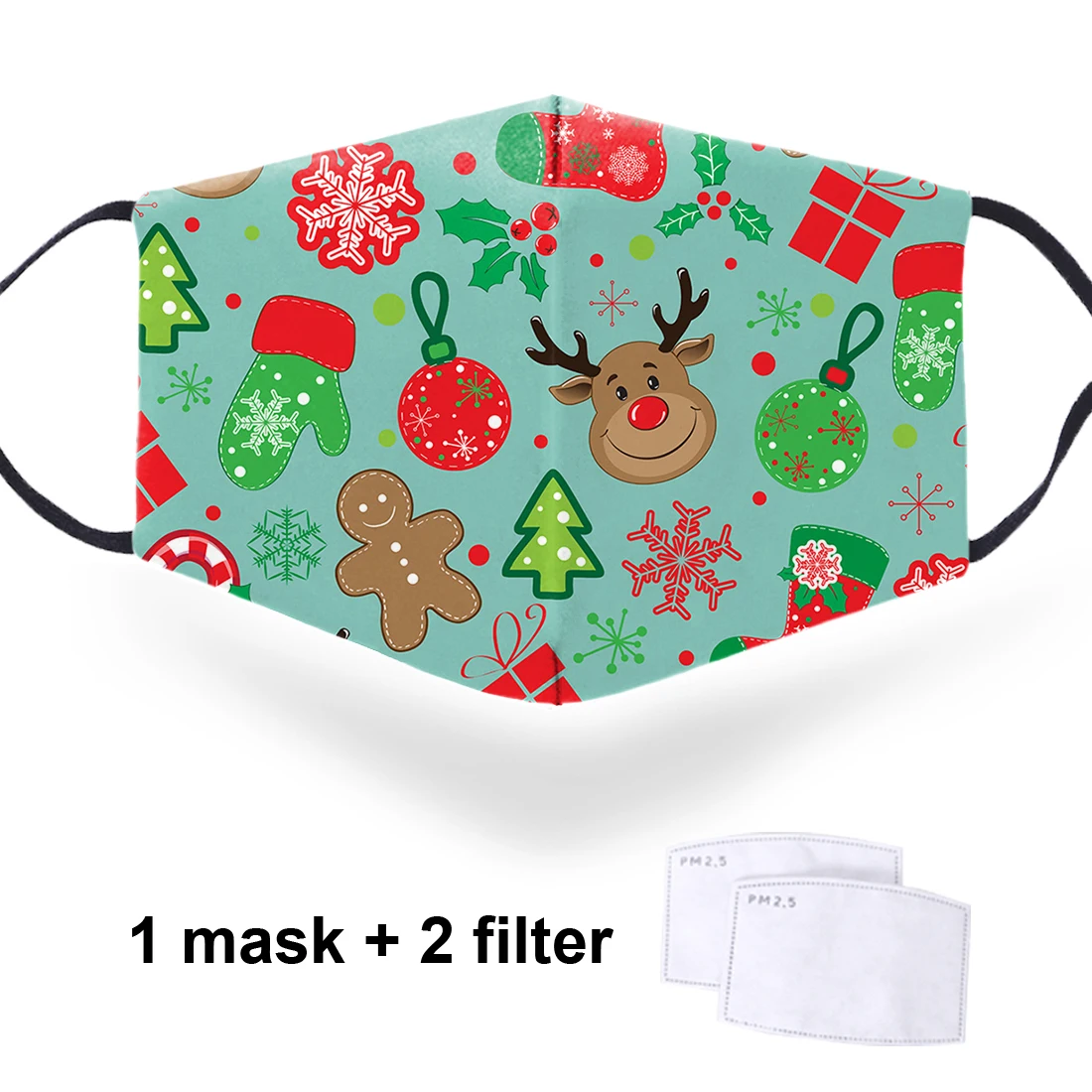 

Merry Christmas 3D Print Masks Windproof Adjustable Adult Mouth Muffle with 2 Filters Mask Adult Dustproof Male Anti Haze Masque