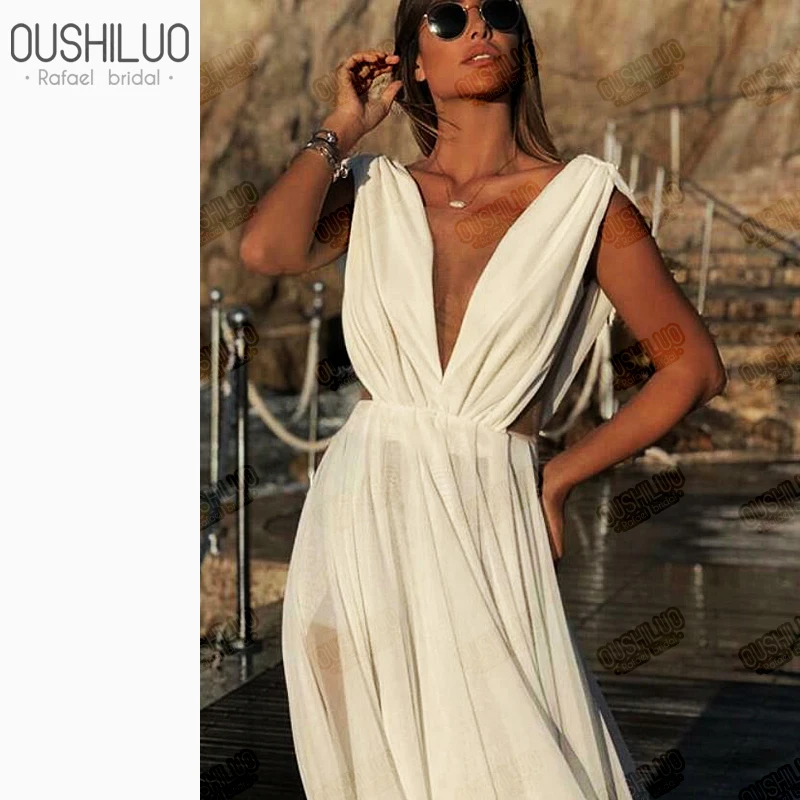 

V Neck White Prom Dress Open Back Long Prom Dresses Long A Line Sheer Chiffon Beach Wedding Party Dress Gown For Women