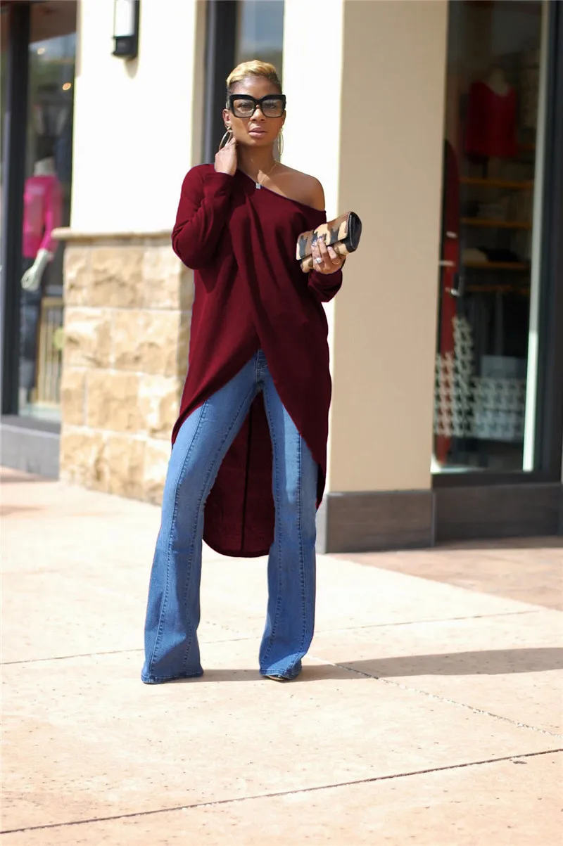 Doyerl Casual Loose Blouse Tops for Women Autumn Skew Collar Long Sleeve Irregular Hem Off Shoulder Knitted Tunic Shirts Blusas