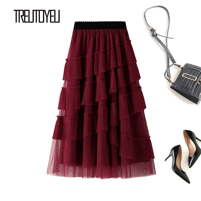 

Treutoyeu Chic Layered Ruffles Pleated Tulle Skirt Jupe Femme Spring Summer Black Blue Gothic High Waist Long Skirts for Women