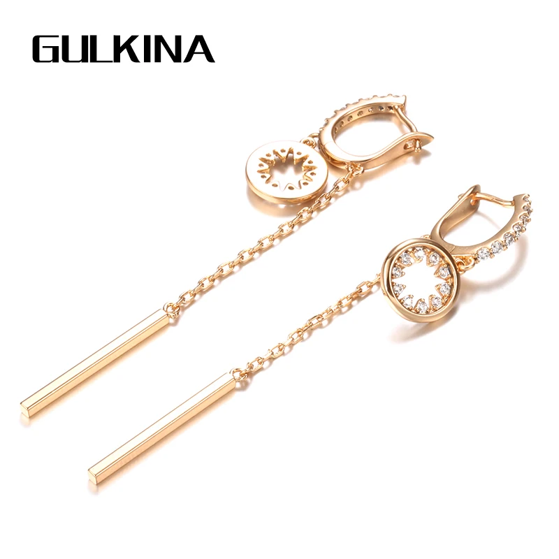

Gulkina 585 Rose Gold Long Tassel Dangle Earrings Hollow Round Natural Zircon Earring Women Fine Cute Unusual Fashion Jewelry