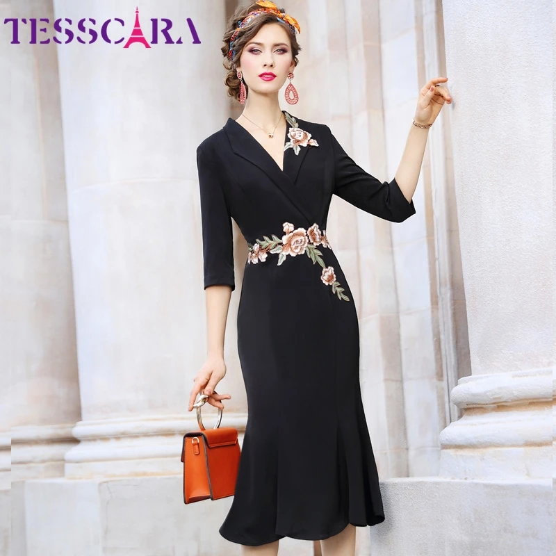 Женское элегантное платье TESSCARA с вышивкой высококачественное длинное винтажное