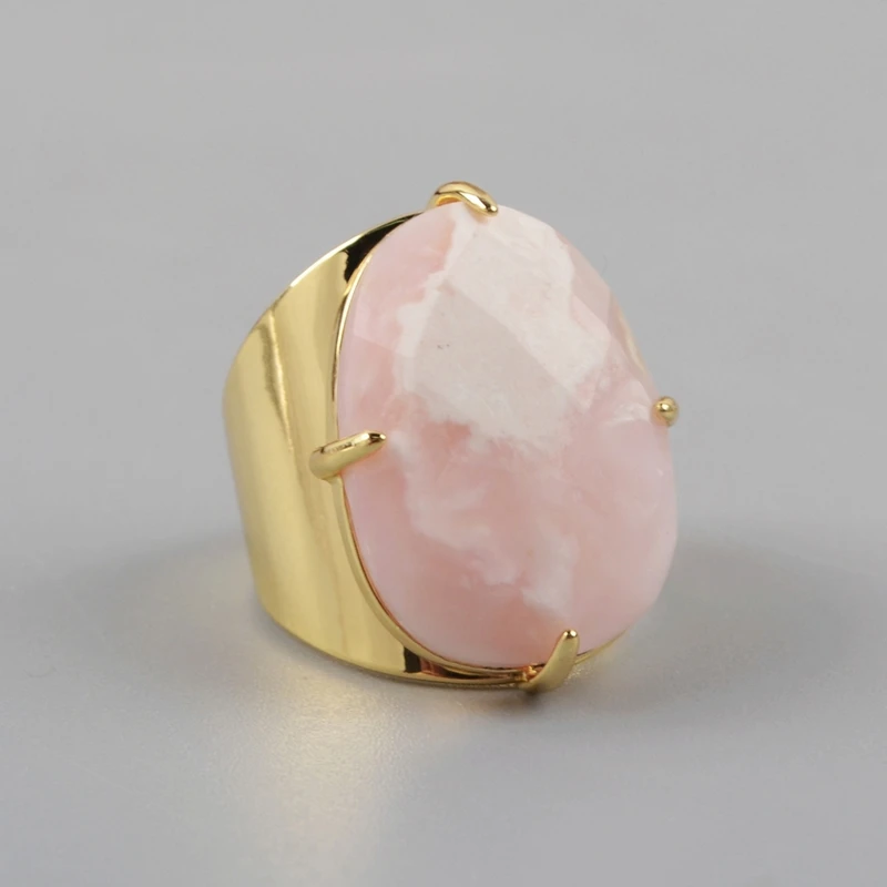 pink opal-gold Обручальные кольца из натуральных камней Амазонит в форме яйца, розовый опал, Агаты, ювелирные изделия, граненые золотые кольца, бирюзовые женские кольца ZG0321 - Цвет основного камня: pink opal-gold