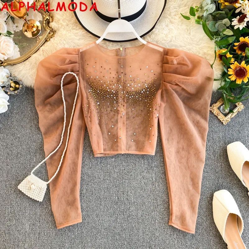 ALPHALMODA 2020 Весна кристалл шик перспективная укороченная блузка наряд тонкий